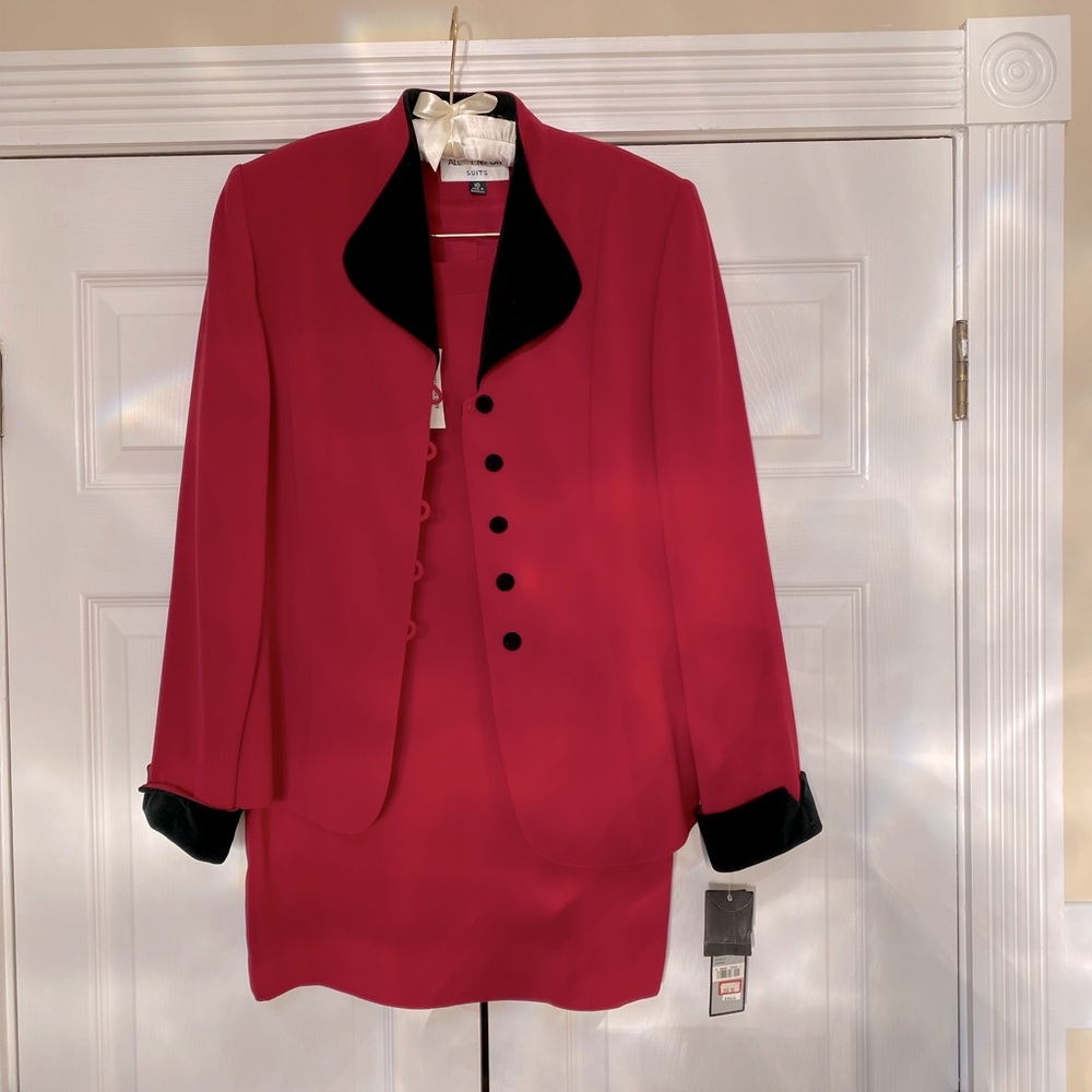 NWT- Gorgeous Albert Nippon Ladies Suit in Red with Black Velvet Accents